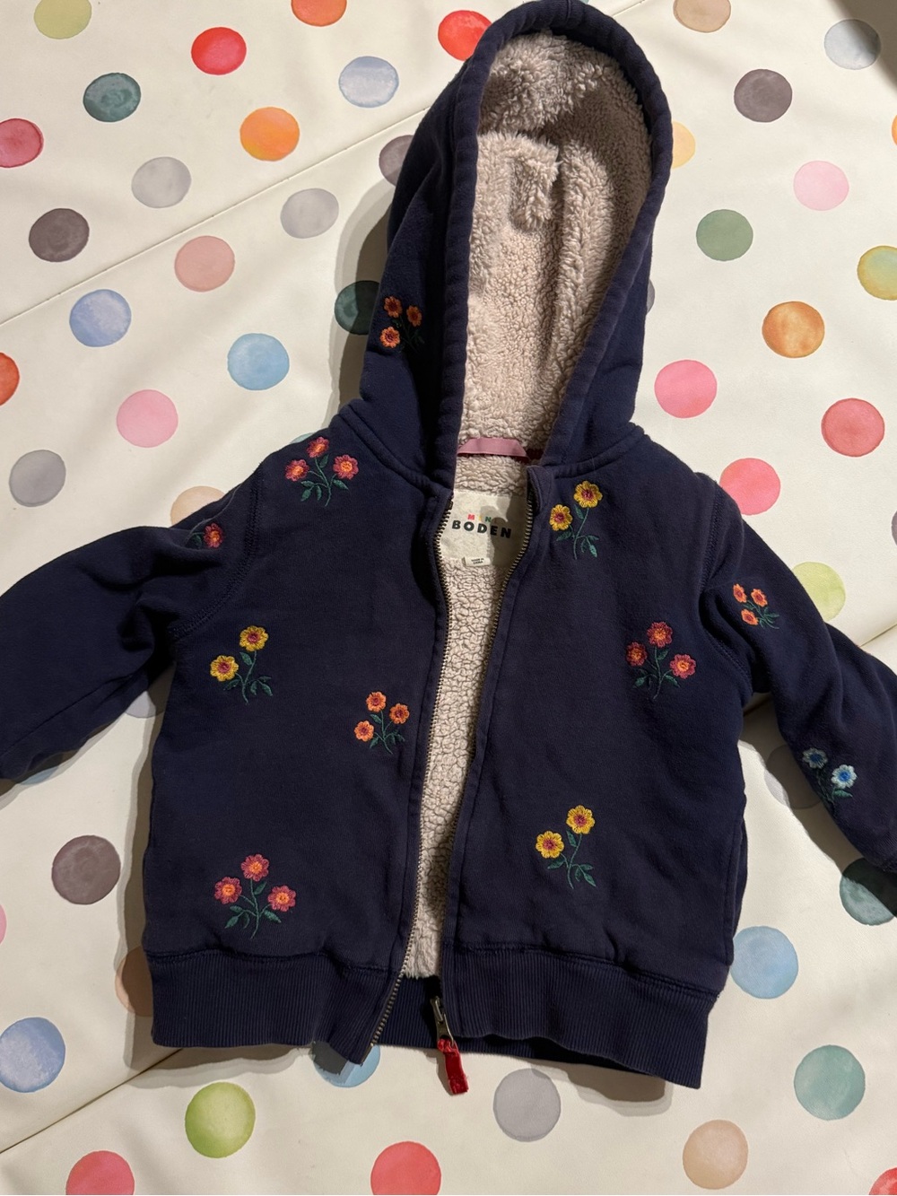 Boden Navy Hooded Sweatshirt with Multicolor Floral Embroidery